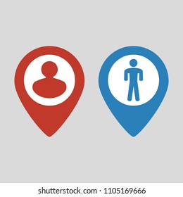 Map pointer with person icon on grey background. Vector illustration