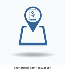 Map pointer with phone and gears sign. flat icon, vector illustration. Flat design style.flat icon, One of set web icons
