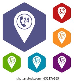 Map pointer with phone handset sign icons set hexagon isolated vector illustration