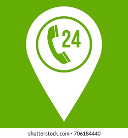 Map pointer with phone handset sign icon white isolated on green background. Vector illustration