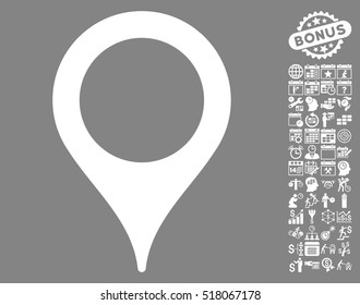 Map Pointer pictograph with bonus calendar and time management graphic icons. Vector illustration style is flat iconic symbols, white color, gray background.