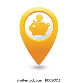 Map pointer with piggy bank icon. Vector illustration
