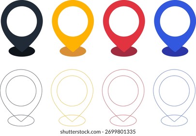 Conjunto de Ícones do Pino do Ponteiro do Mapa, Símbolo de Navegação de Local, Vetor de Contorno e Plano