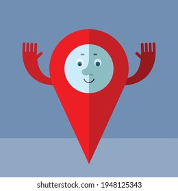 Map Pointer Pin raising hands. Cartoon character with face. Flat style vector illustration on gray background.