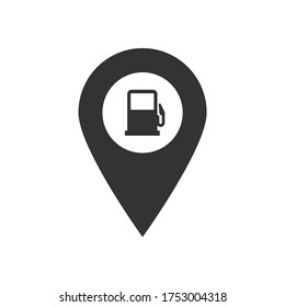Map pointer pin vector simple black icon. Geotag location point with gas station symbol isolated on white background. Vector illustration for web, apps, infographics.