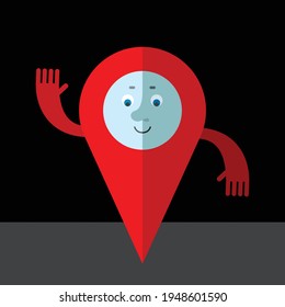 Map Pointer Pin waving hand. Cartoon character with face. Flat style vector illustration on black background.