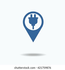 Map pointer with plug inside, vector illustration.flat icon, One of set web icons.