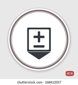 Map pointer. Plus and minus icons. Flat design style. Made vector illustration. Emblem or label with shadow.