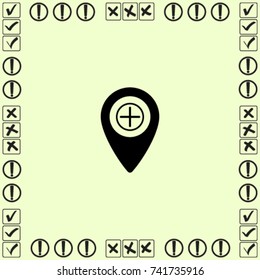 Map pointer plus sign icon, cursor of adding vector illustration