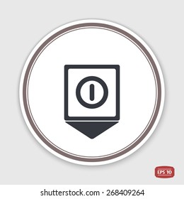 Map pointer. Power button. Flat design style. Made vector illustration. Emblem or label with shadow.