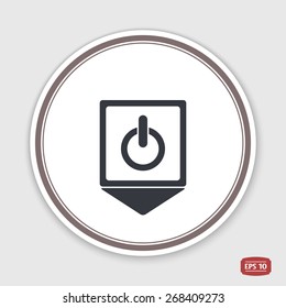 Map pointer. Power button. Flat design style. Made vector illustration. Emblem or label with shadow.