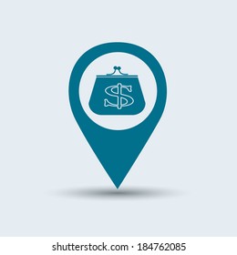 Map pointer with purse money sign icon 