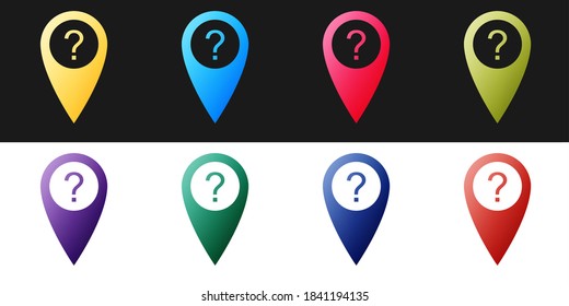 Map pointer with Question symbol icon set isolated on black and white background. Marker location sign. For location maps. Index location on map. Vector.