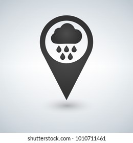 Map pointer with rain and cloud icon.