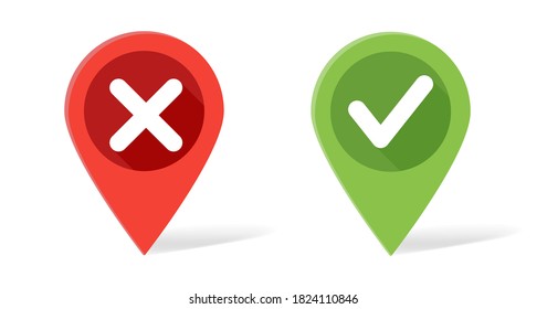 Map pointer in red and green colors with check mark and crosses. Vector flat illustrations. Location marker pins with check marks for online map isolated on white backdrop.