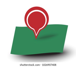 map pointer red label place for text with shadow pointing down at green map, vector illustration, navigation position concept