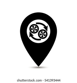 map pointer with repair service icon, vector illustration. replacement wheel