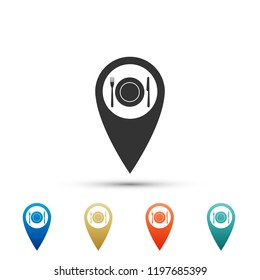 Map pointer with restaurant and cutlery, dish, fork, knife icon isolated on white background. Set elements in colored icons. Flat design. Vector Illustration