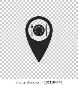 Map pointer with restaurant and cutlery, dish, fork, knife icon isolated on transparent background. Flat design. Vector Illustration