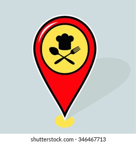 Map pointer with restaurant icon.