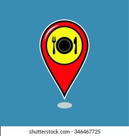 Map pointer with restaurant icon.