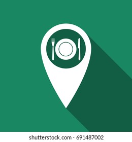 Map pointer with restaurant icon isolated with long shadow. Flat design. Vector Illustration