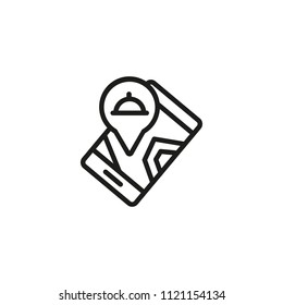 Map pointer with restaurant symbol line icon. Mobile app, phone, digital device, dish. Navigation concept. Can be used for topics like travel, location, guide, food