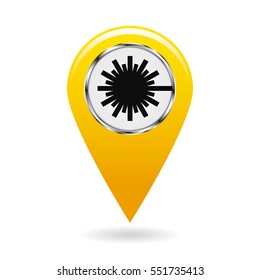 Map pointer.  Safety symbol. Index of zones  with laser radiation. Location and specify the coordinates on the map terrain. Industrial Design.Yellow object on a white background. Vector illustration.
