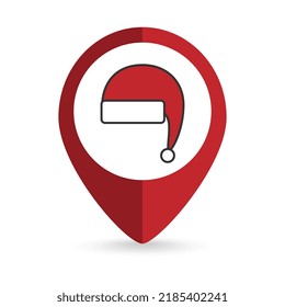 Map pointer with santa hat icon. Vector illustration.