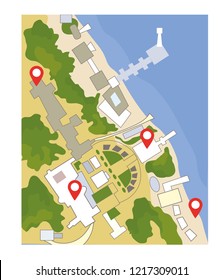 Map with pointer for the sea and park landscape. Vector graphic illustration