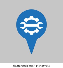 Map pointer with service icon on grey background.