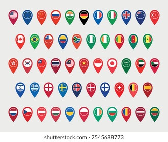 map pointer set of 53 countries, national World Flags icons