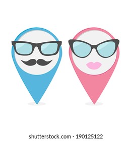 Map pointer set with lips, mustaches and glasses. Isolated markers. Isolated markers. Vector illustration.