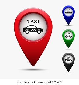 Map pointer set with symbol taxi cab in flat design. For location maps. Color sign for navigation. Index location on map. Vector isolated illustration.