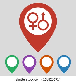 Map pointer with sex icon on grey background. Vector illustration