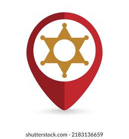 Map Pointer With Sheriff Badge Icon. Vector Illustration.