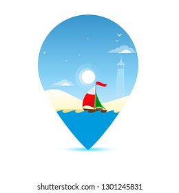 Map pointer. Ship at sea. Concept of travel and recreation. Vector illustration isolated on white background.