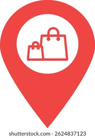 Mapear ponteiro com ícone de sacolas de compras . Ícone de pin da localização do shopping. Ilustração vetorial