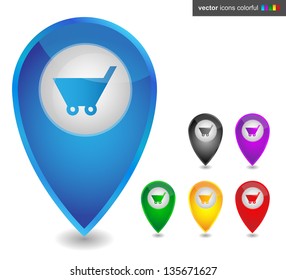 Map pointer with shopping cart , icon colorful