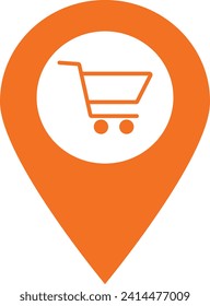Map pointer with shopping cart icon . Shopping cart pin icon vector . Shop location icon