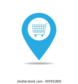 Map pointer with shopping cart icon.