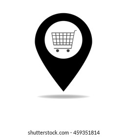 Map pointer with shopping cart icon.