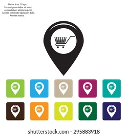 Map pointer with a shopping cart symbol
