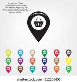 Map pointer with a shopping cart symbol