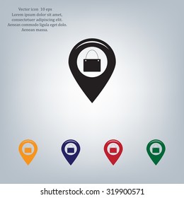 Map pointer with a shopping cart symbol