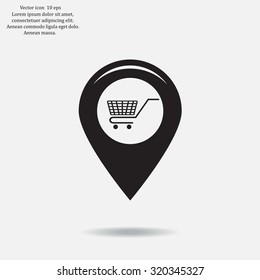 Map pointer with a shopping cart symbol
