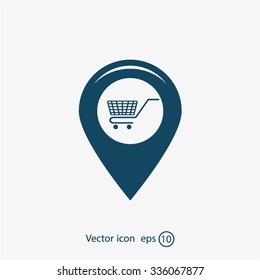 Map pointer with a shopping cart symbol