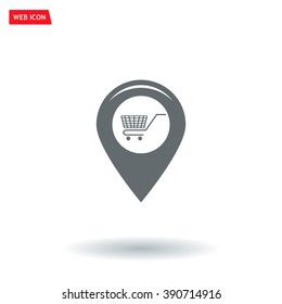 Map pointer with a shopping cart symbol