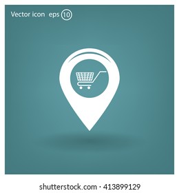 Map pointer with a shopping cart symbol