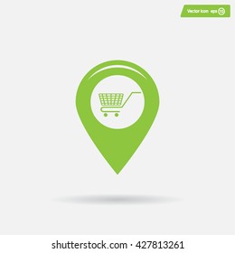 Map pointer with a shopping cart symbol